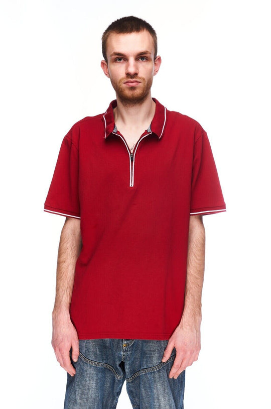 M&S Collection Zip Neck Polo Shirt Red Cotton Men's Short Sleeve Size XL