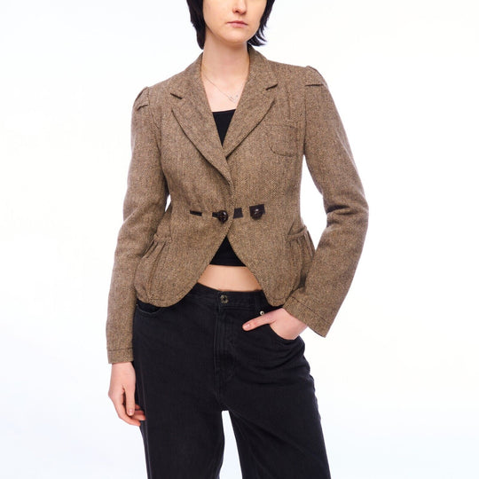 NAFNAF Tweed Blazer Brown Herringbone Wool Womens Double-Breasted Jacket Size 40