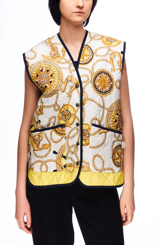 Vintage BURBERRYS Vest White Sailing Print Womens Quilted Waistcoat Liner Size L