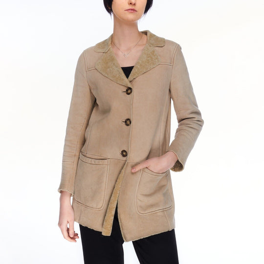 PRADA Sheepskin Coat Beige Dyed Sheep Fur Women's Jacket Size 42 IT