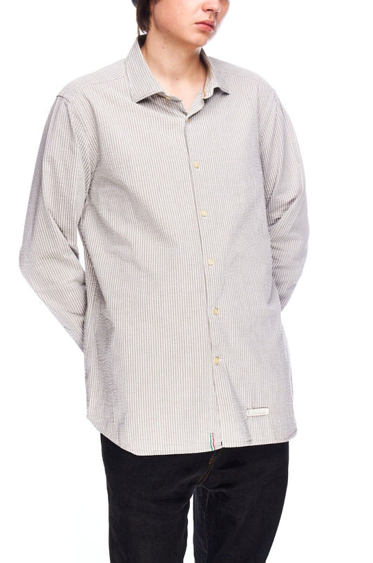 TINTORIA MATTEI 954 Dress Shirt Beige Striped Cotton Men's Slim  Size 44 / 17.5