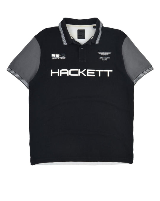 HACKETT Aston Martin Polo Shirt Black White Pique Cotton Men's Big Logo Size L