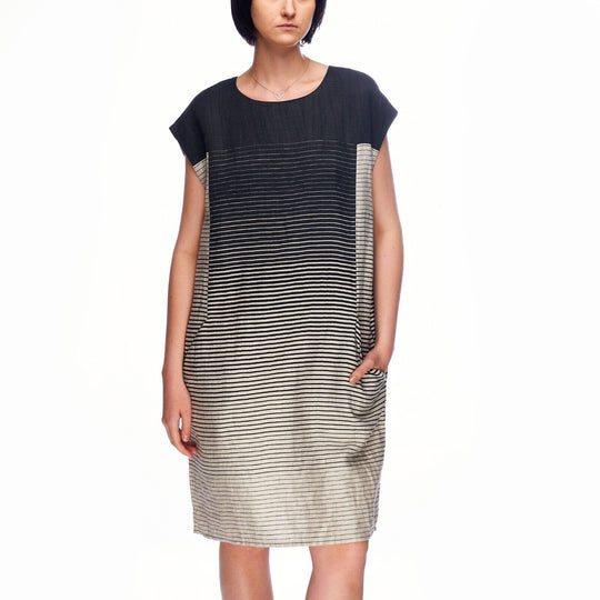 ANNETTE GORTZ Shift Dress Gray White Stripe Linen Mix Round Neck Womens Size 42