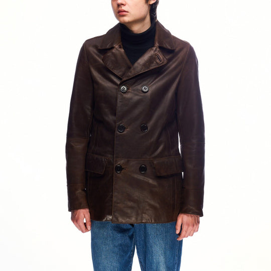 TED BAKER Jacket Brown Leather Men's Double Breasted Blazer Size 2 / ~M