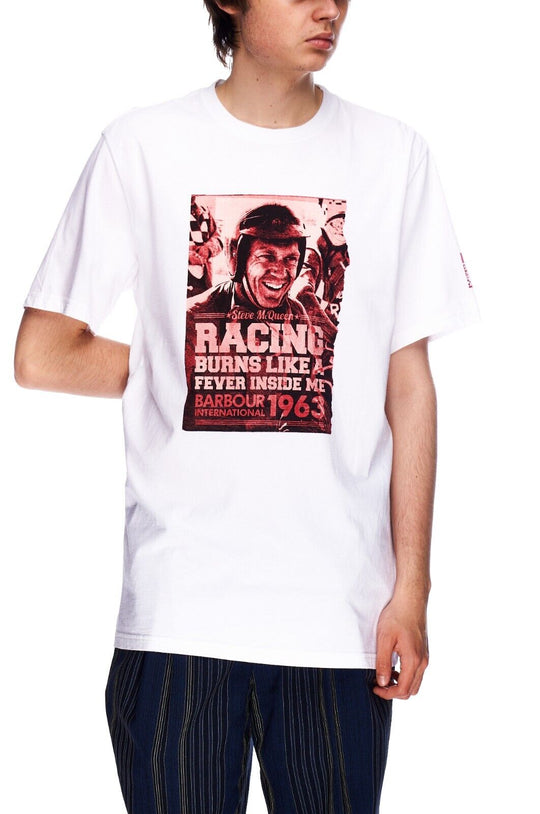 BARBOUR International Steve Mcqueen T-Shirt White Big Logo Cotton Men's Size XL