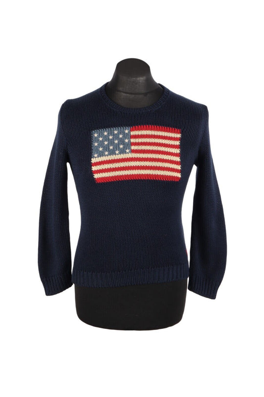 RALPH LAUREN Sweater Navy Cotton Women's Knit Jumper USA Flag Size ~M
