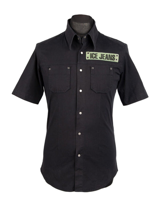 Vintage ICE ICEBERG JEANS Shirt Black Cotton Mens Short Sleeve Size XL