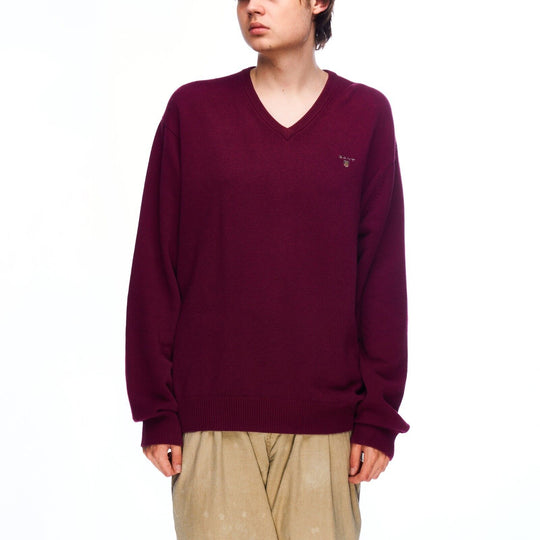 GANT V-Neck Sweater Burgundy Cotton Men's Knit Jumper Size L