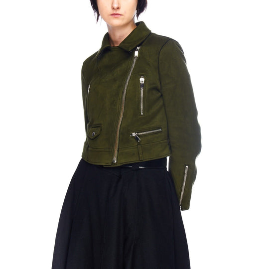ZARA Basic Cropped Biker Jacket Green Women's Suede Effect Size S