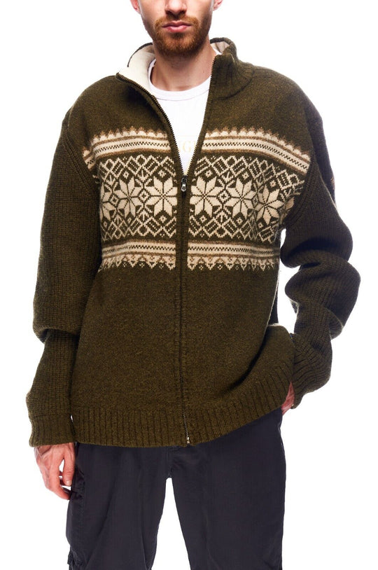 FJALLRAVEN Full Zip Sweater Khaki Green Wool Men's Fair Isle Cardigan Size 2XL