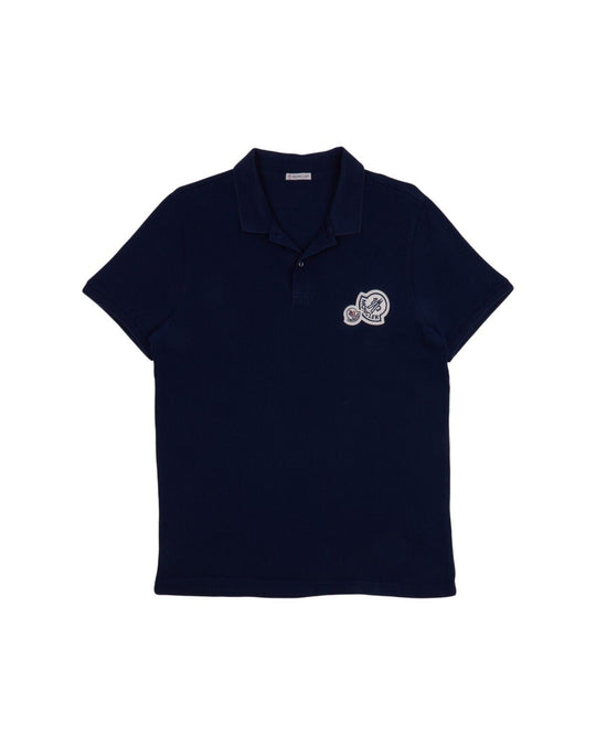 MONCLER Polo Shirt Navy Blue Pique Cotton Mens Double Logo Size L