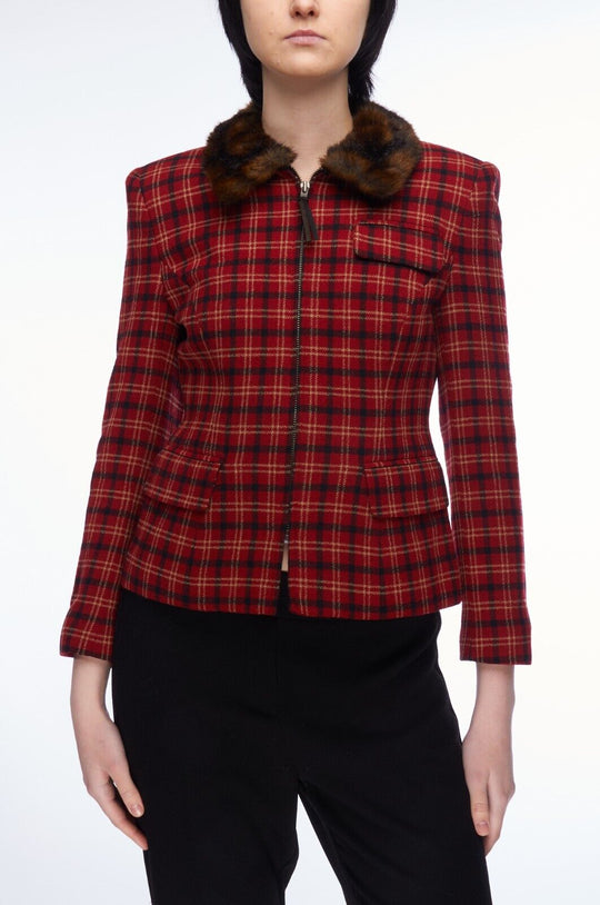 Vintage RALPH LAUREN Jacket Red Check Wool Women's Full Zip Coat Size 4 Petite