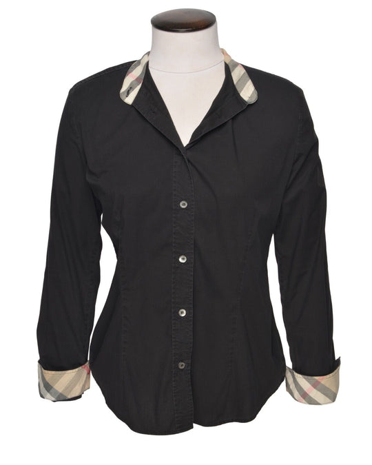 BURBERRY London Shirt Black Cotton Women's Nova Check Cuffs Band Neck Size S