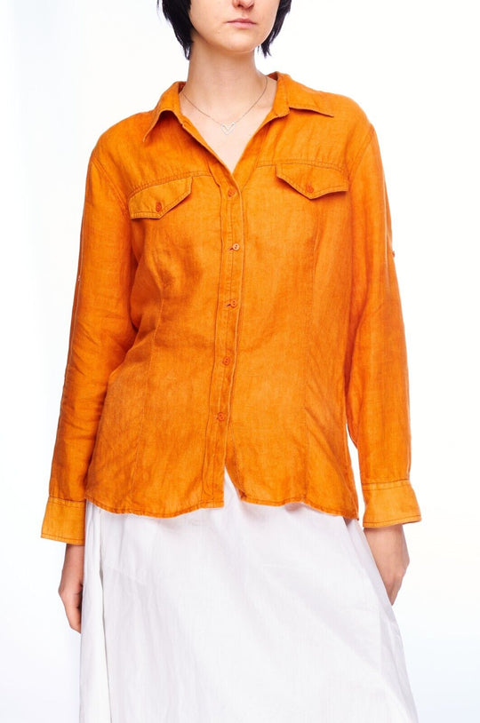 TRUSSARDI Jeans Shirt Orange Linen Women's Button Up Size L
