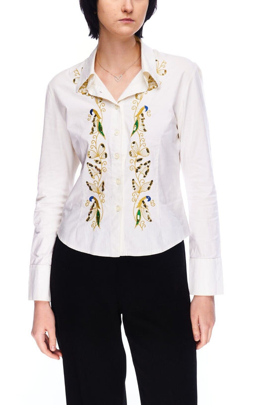 VERSACE JEANS COUTURE Shirt White Women's Button Up Embroidered Print Size L