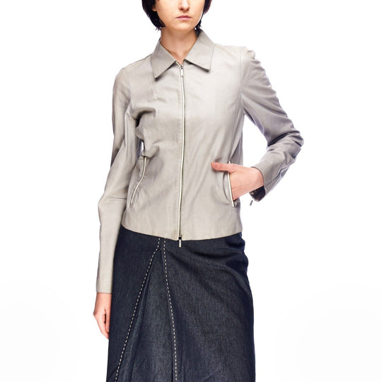 JIL SANDER Grey Leather Full Zip Womens Jacket Size L