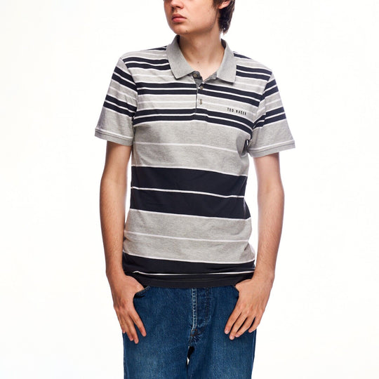 TED BAKER Polo Shirt Grey Striped Cotton Men's Short Sleeve Size 3 / M