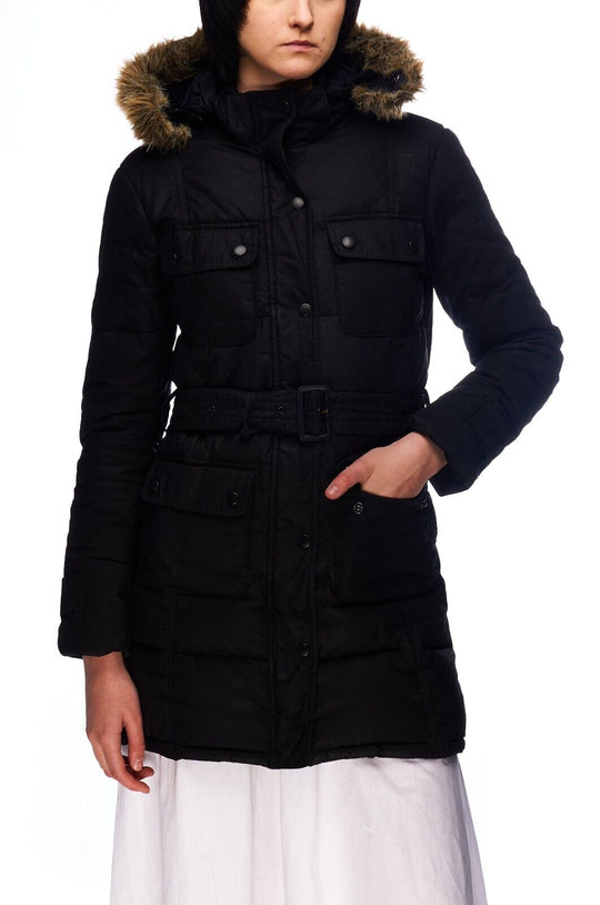 BARBOUR Hooded Down Jacket Black Wax Cotton Women's Parka Size 8 UK / 4 US / 36