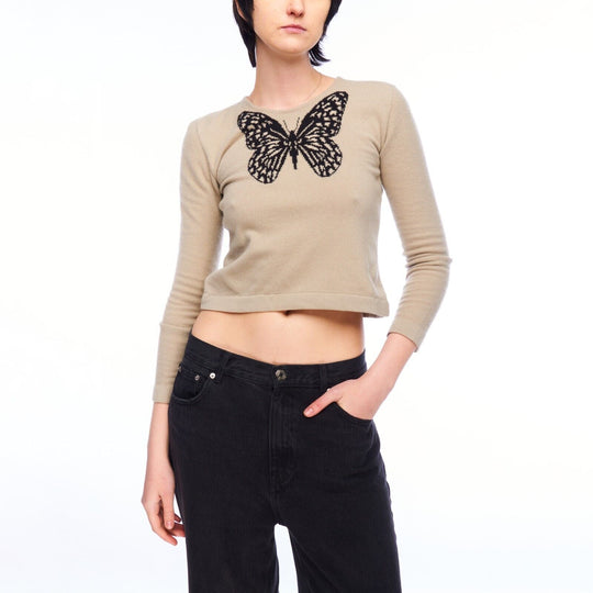 Vintage SONIA RYKIEL PARIS Sweater Beige Cashmere Womens Butterfly Print Size 36
