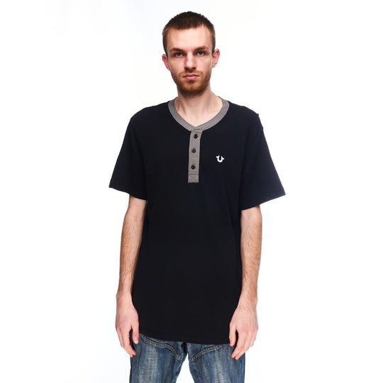 TRUE RELIGION T-Shirt Black Cotton Men's Henley Short Sleeve Top Size M