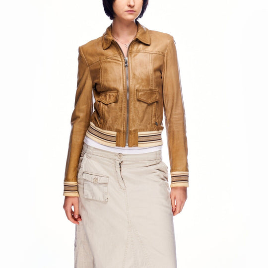 D&G DOLCE GABBANA Jacket Beige Leather Full Zip Womens Size 42 IT