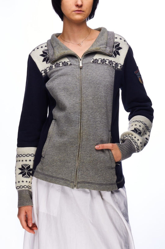 NAPAPIJRI Full Zip Sweater Gray Cotton Women's Nordic Knit Jumper Size L