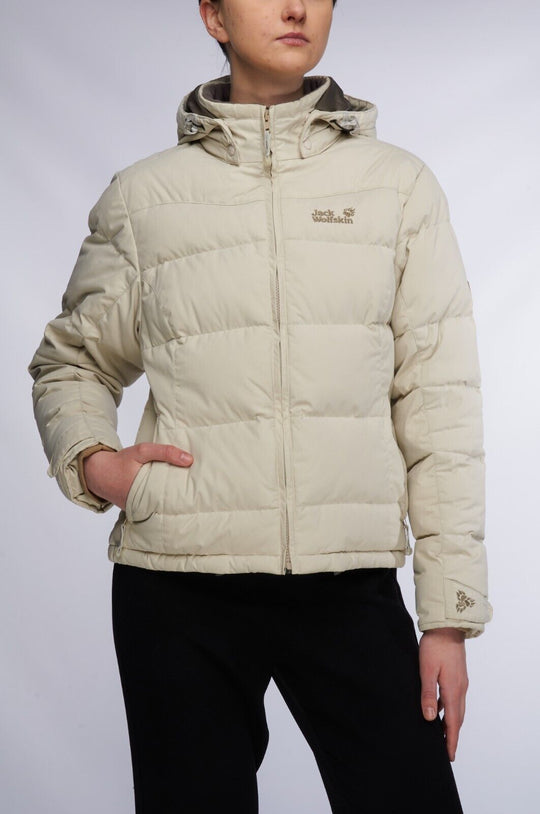 JACK WOLFSKIN Hooded Jacket Beige Women's Down Puffer Outdoor Stormlock Size S