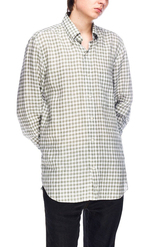 DULLI DE NAISSUS Napoli Shirt White Olive Check Linen Men's Size 41 / 16