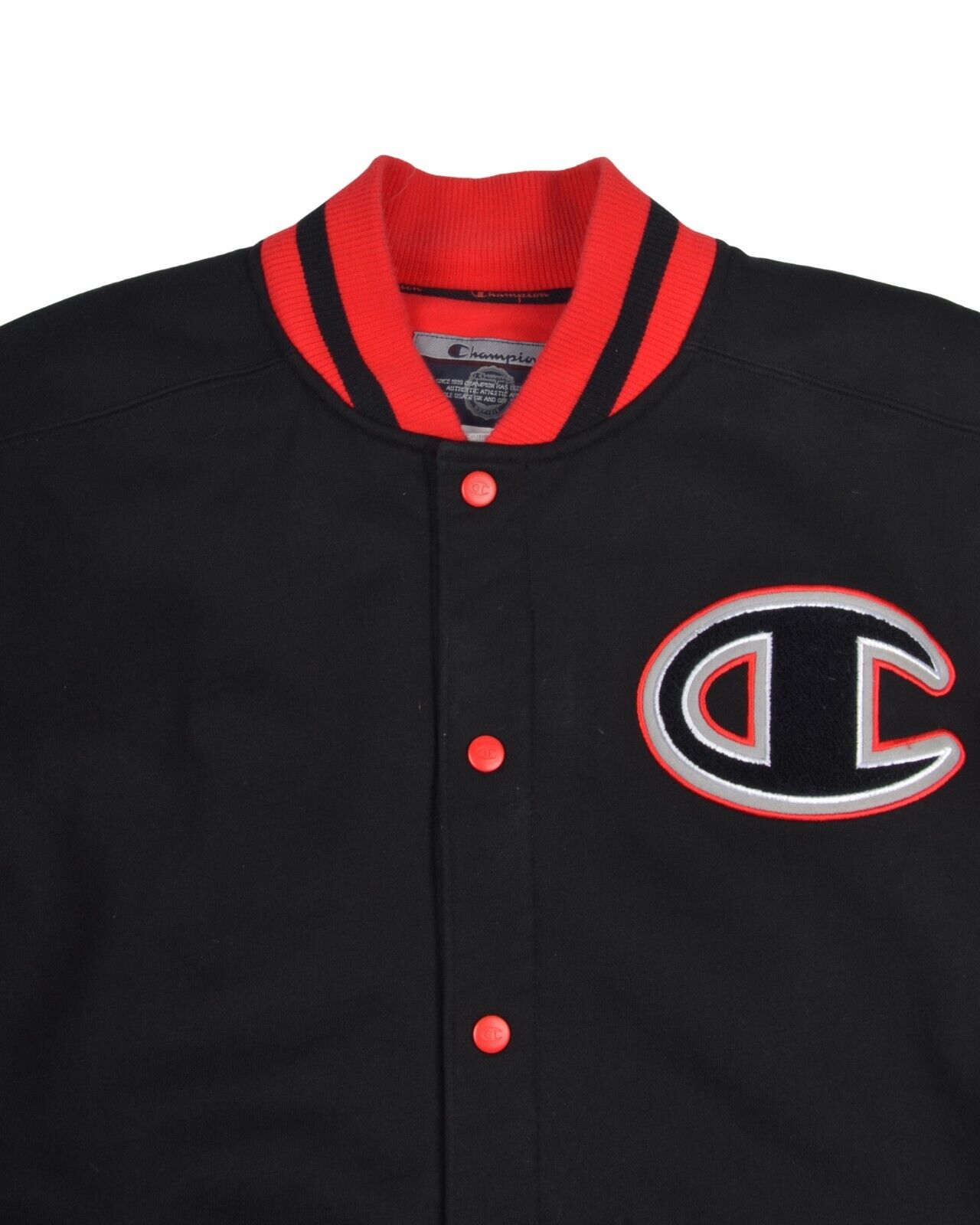 CHAMPION Varsity Bomber Jacket Black Red Cotton Men's Big Logo