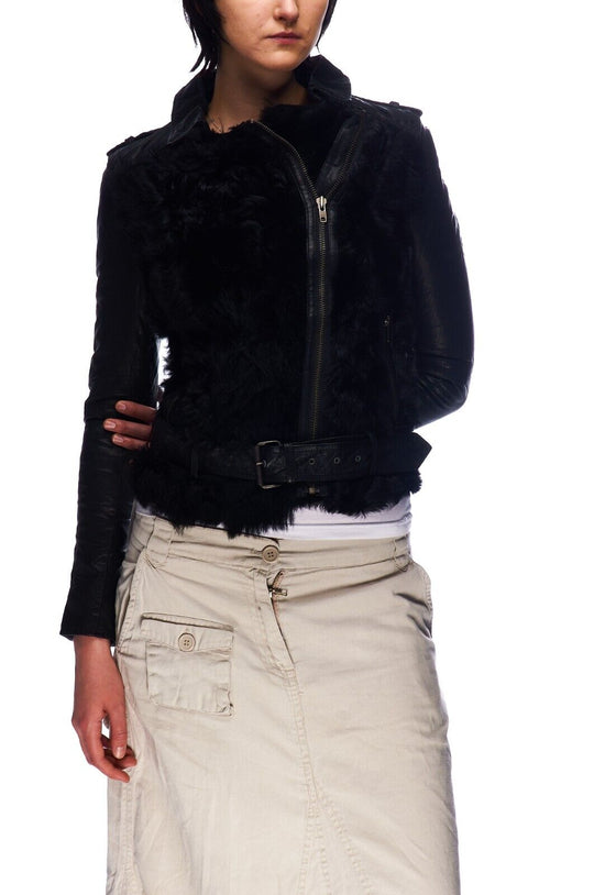 MUUBAA Short Jacket Black Shearling Leather Womens Size 34 / S BNWT