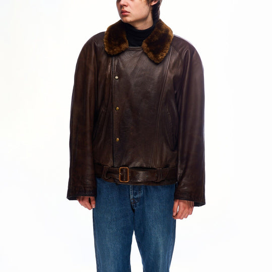 Vintage KENZO Jacket Brown Leather Shearling Collar Aviator Bomber Size 2