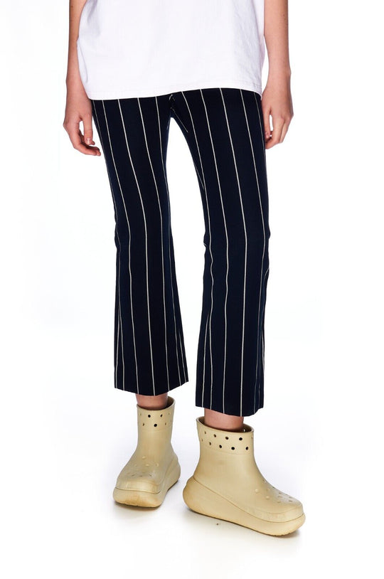 SANDRO Cropped Pants Navy White Striped Cotton Linen Women's Trouser Size 36