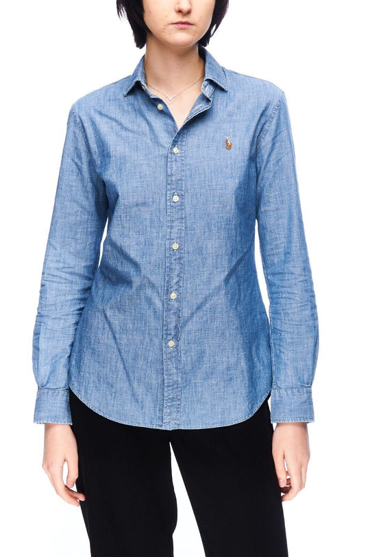 RALPH LAUREN Shirt Blue Denim Cotton Women's Button Up Slim Fit Size 8