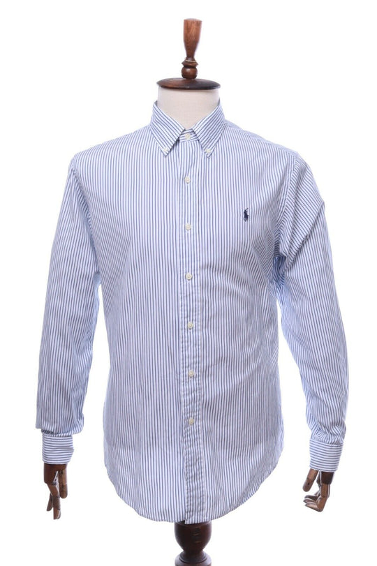 RALPH LAUREN White Blue Striped Cotton Button-Down Shirt Size L