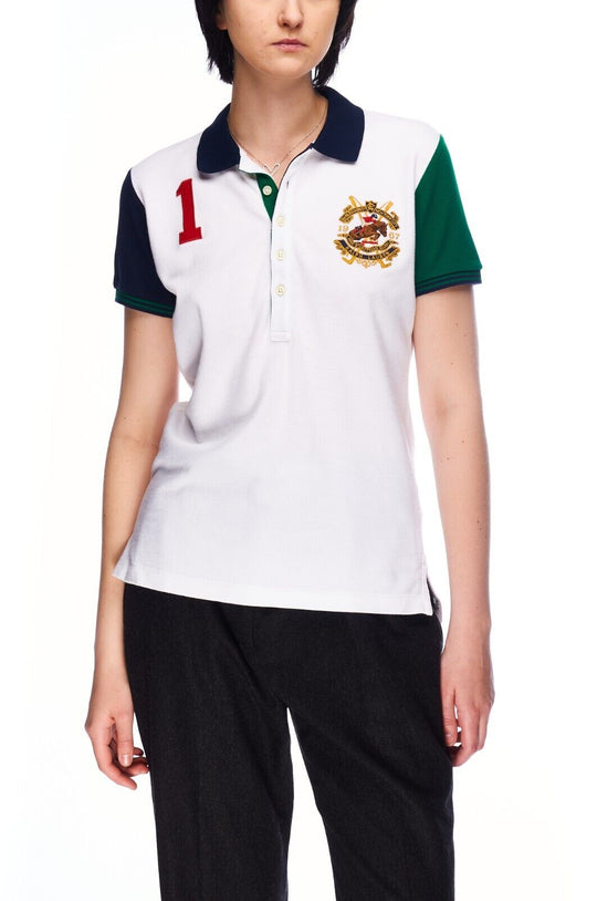 RALPH LAUREN Polo Shirt White Cotton Womens Short Sleeve Skinny Top Size L