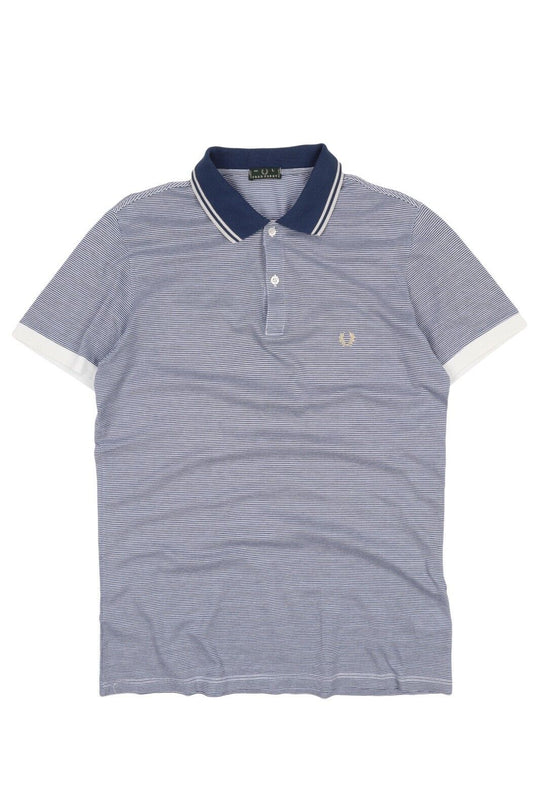 FRED PERRY Polo Shirt Blue Striped Cotton Men's Short Sleeve Slim Fit Size L