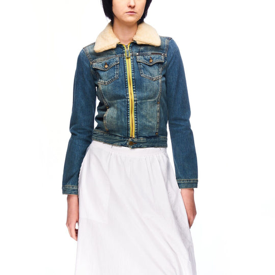 GANT Trucker Zip Jacket Blue Denim Cotton Women's Sherpa Collar Size XXS