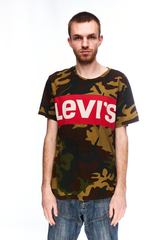 LEVIS T-Shirt Green Camo Cotton Men's Short Sleeve Big Logo Tee Size L