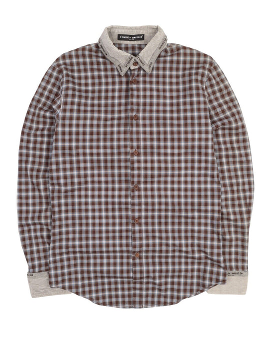 Men's FRANKIE MORELLO Brown Check Corduroy Collar Cotton Shirt Size M