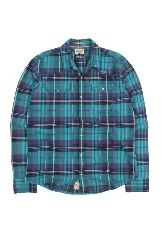 Men's HILFIGER Denim Blue Flannel Cotton Plaid Check Western Shirt Size M