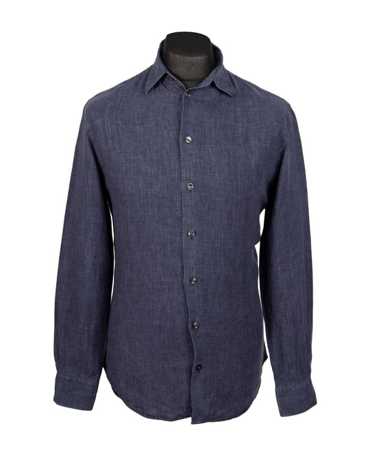 ARMANI Collezioni Shirt Navy Chambray Linen Men's Button Up Size S