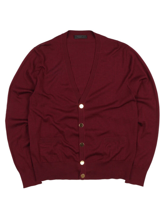 Men's PRADA MILANO Italy Burgundy Wool Silk Gold Button Cardigan Jumper Size 48