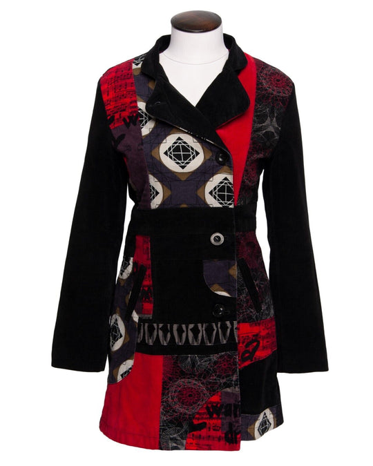 DESIGUAL Single-Breasted Coat Black Abstract Print Women's Jacket Size 40
