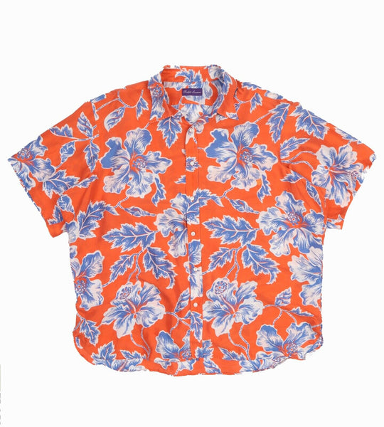 RALPH LAUREN PURPLE LABEL Orange Floral Hawaiian 100% SILK SS Shirt Size 18 XL