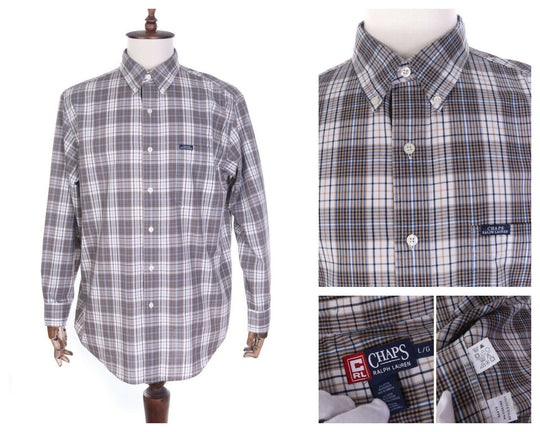 Men's CHAPS RALPH LAUREN Brown Glen Check Cotton Blend LS Shirt Size L