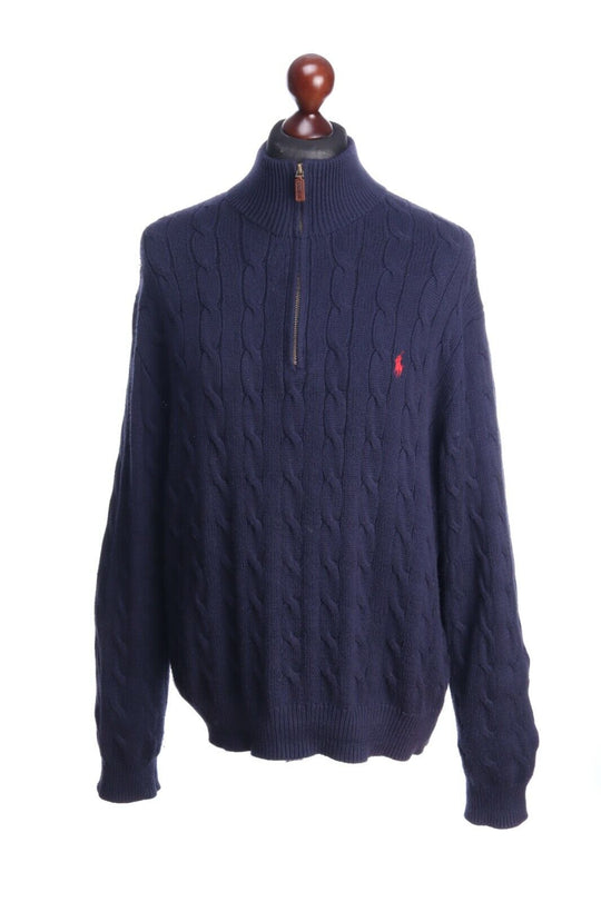 POLO RALPH LAUREN Navy Blue Cotton Zip Neck Cable-Knit Jumper Size XL