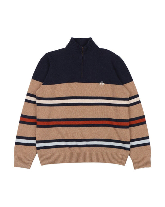 LA MARTINA Sweater Light Brown Striped Wool Zip Neck Mens Knit Pullover Size M