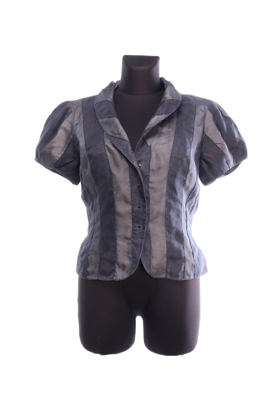 KAREN MILLEN Grey Striped Silk Short Sleeve Patchwork Jacket Size uk 14 us 10
