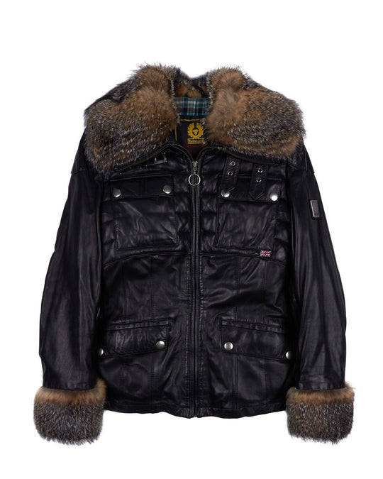 BELSTAFF Jacket Black Leather Full Zip Fur Trim Womens Size M