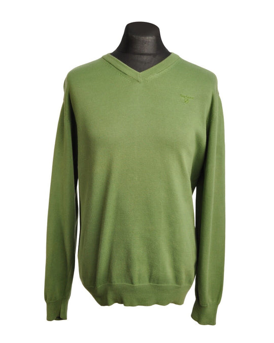 BARBOUR Sweater Green Cotton V-Neck Ribbed Trim Mens Pullover Size XL